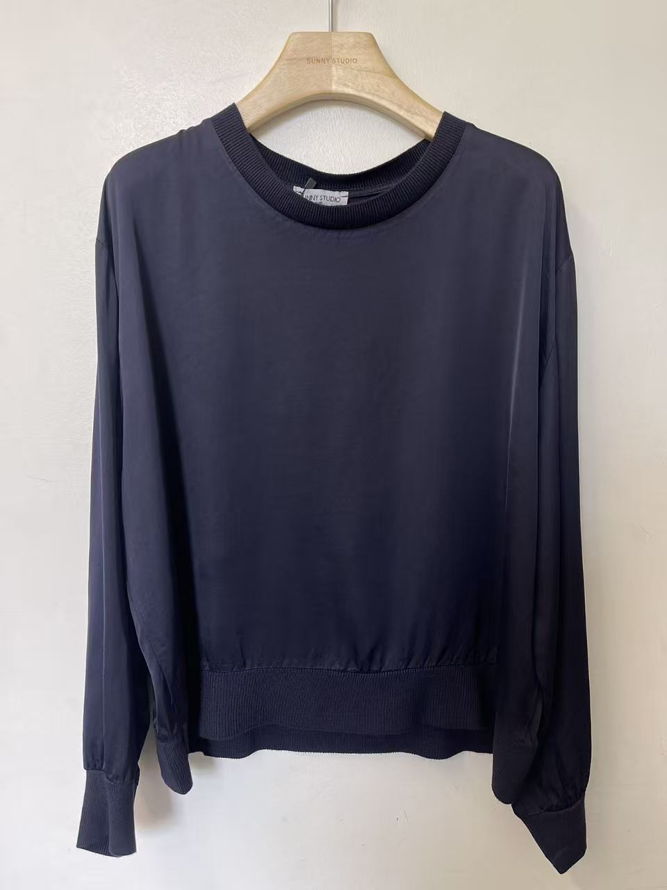 LONG SLEEVED Satin Rib-Trim Top | Caramel | Navy | Brown | Black