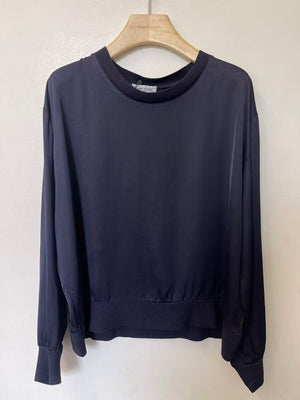 LONG SLEEVED Satin Rib-Trim Top | Caramel | Navy | Brown | Black