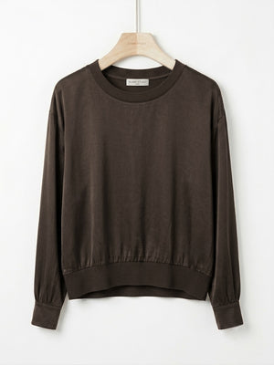 LONG SLEEVED Satin Rib-Trim Top | Caramel | Navy | Brown | Black