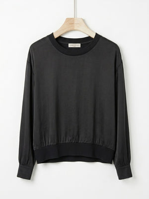 LONG SLEEVED Satin Rib-Trim Top | Caramel | Navy | Brown | Black