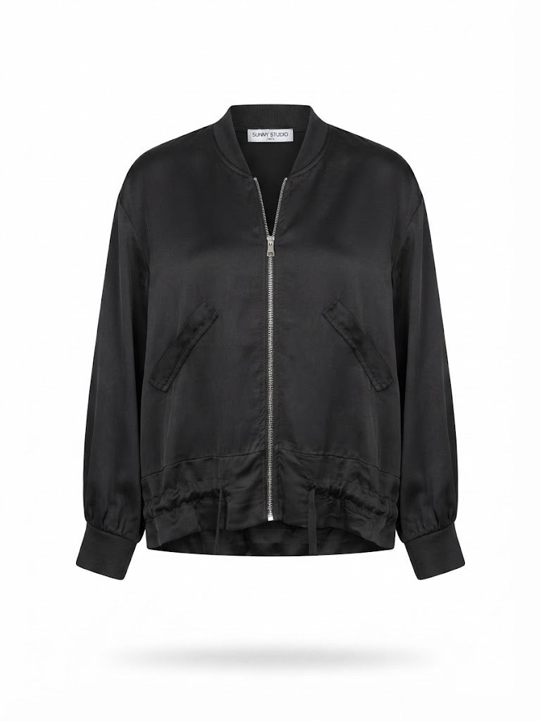 Navy Satin Bomber Zip-up Jacket - PRESS Primrose Hill