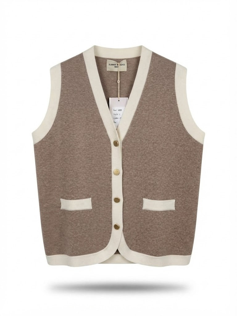 Lesa Beige Gilet With Ecru Trims