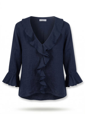 Linen Ruffle Top | White | Navy