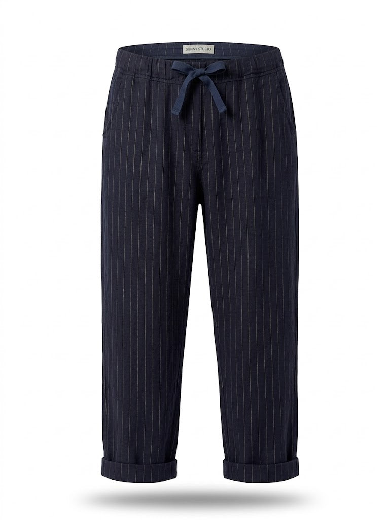 Navy Linen Pinstripe Spring Joggers