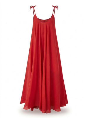 Red Strappy Italian Cotton Long Dress - PRESS Primrose Hill