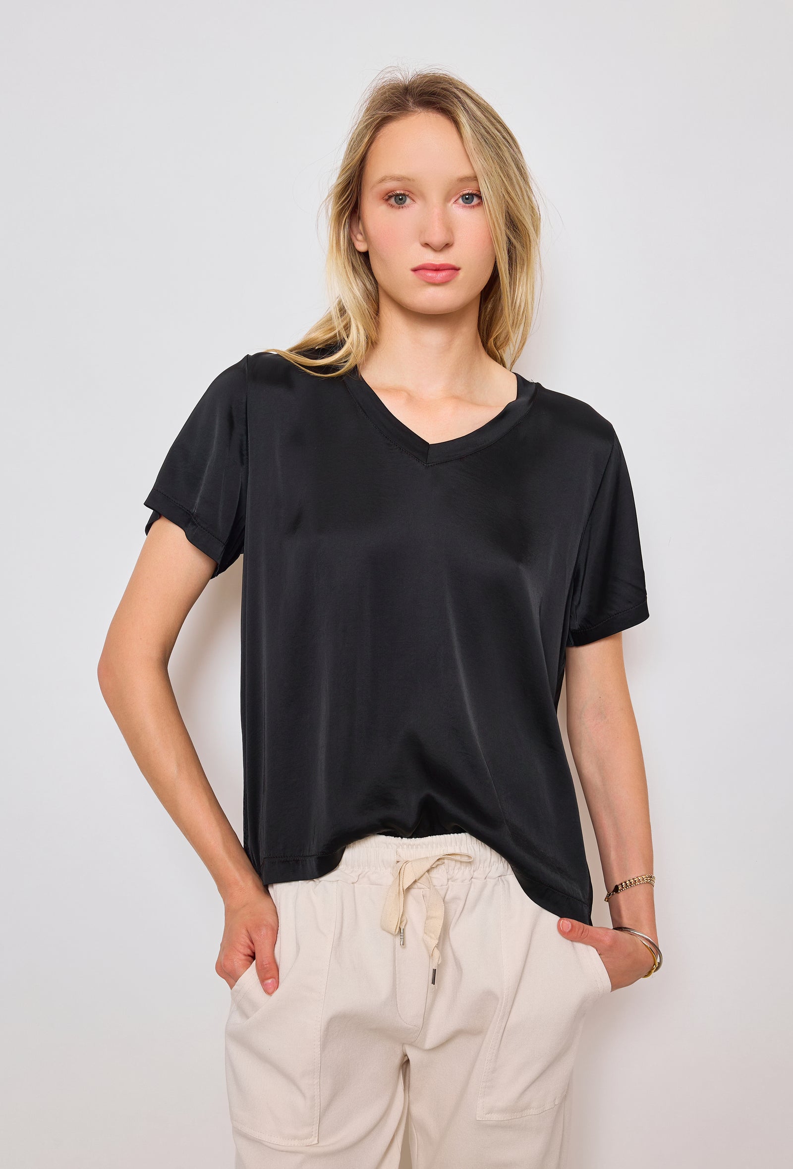 Black Satin V-Neck Top