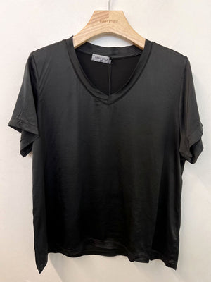 Black Satin V-Neck Top