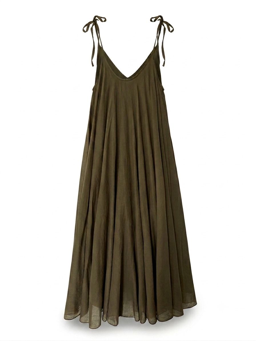 Kaki-Green Strappy Italian Cotton Long Dress