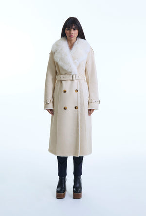 Beige Faux Fur Military Suede Coat