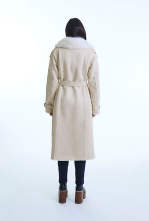 Beige Faux Fur Military Suede Coat