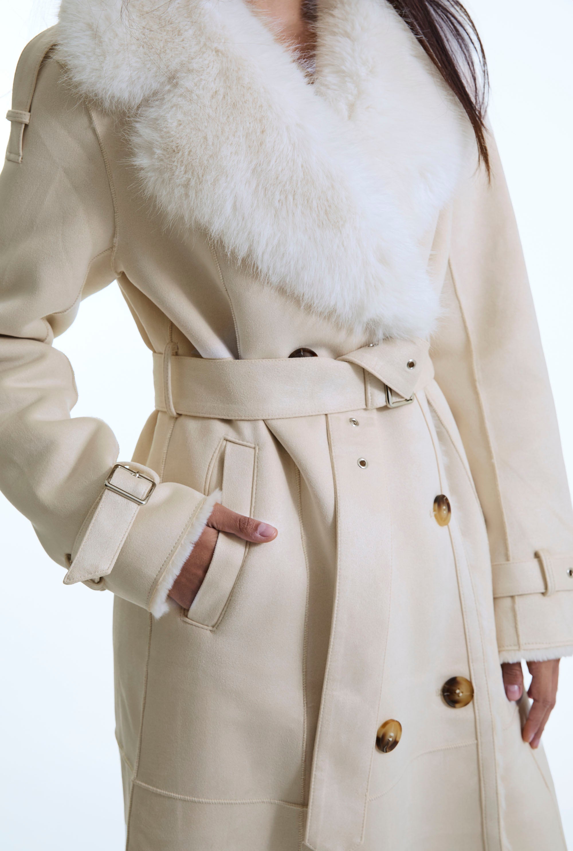 Beige Faux Fur Military Suede Coat