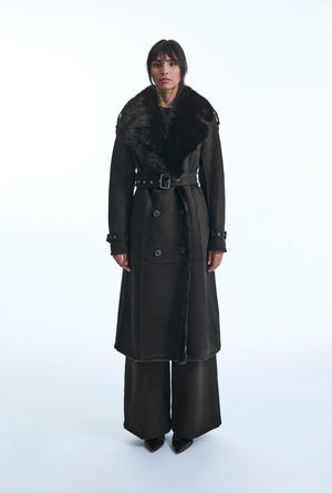 Black Faux Fur Military Suede Coat