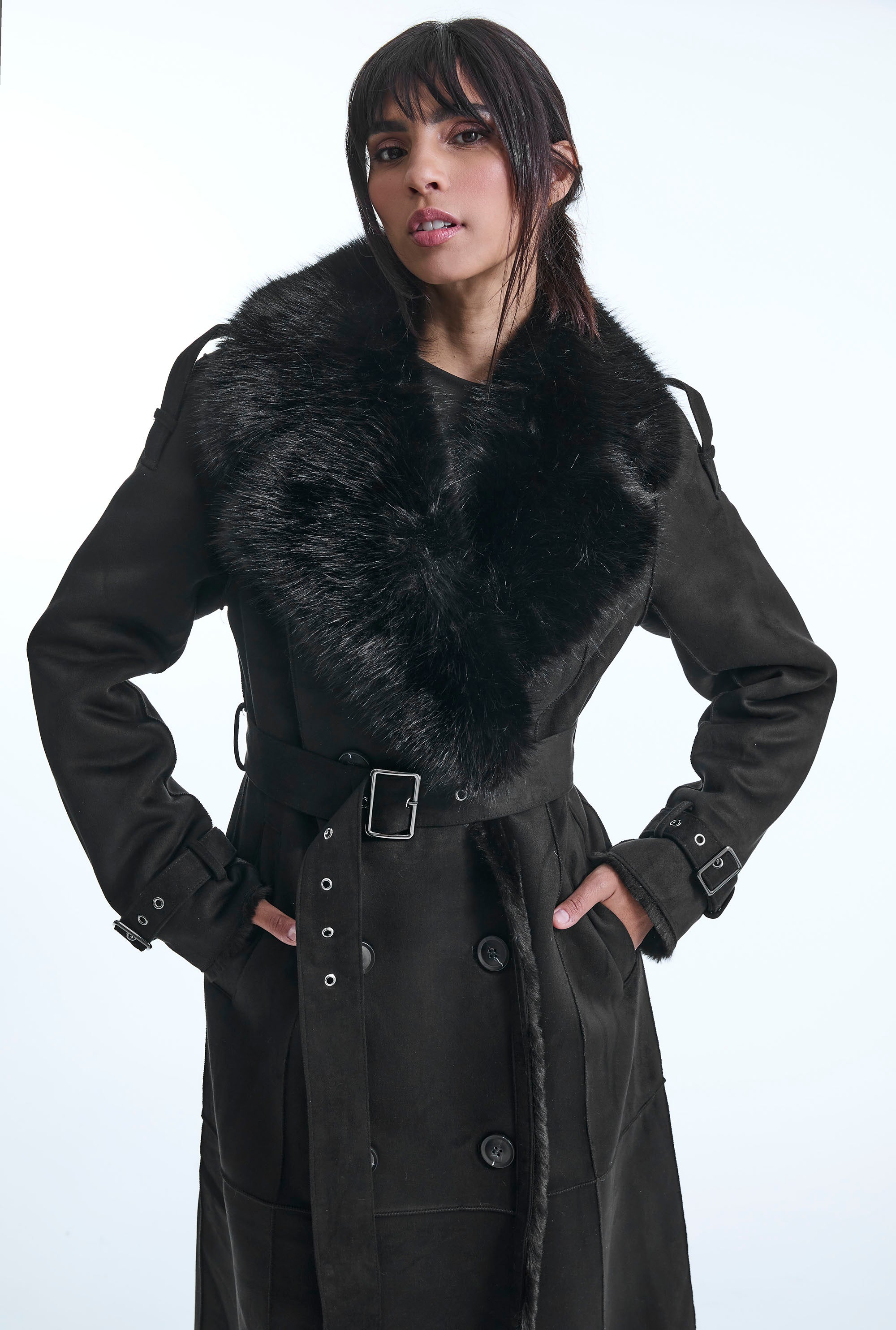 Black Faux Fur Military Suede Coat