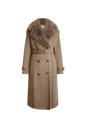 Taupe Faux Fur Military Suede Coat