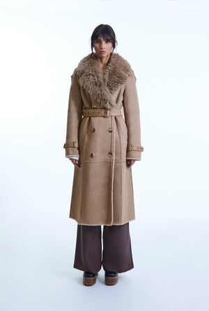 Taupe Faux Fur Military Suede Coat