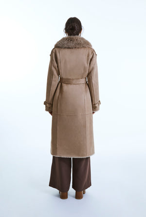 Taupe Faux Fur Military Suede Coat