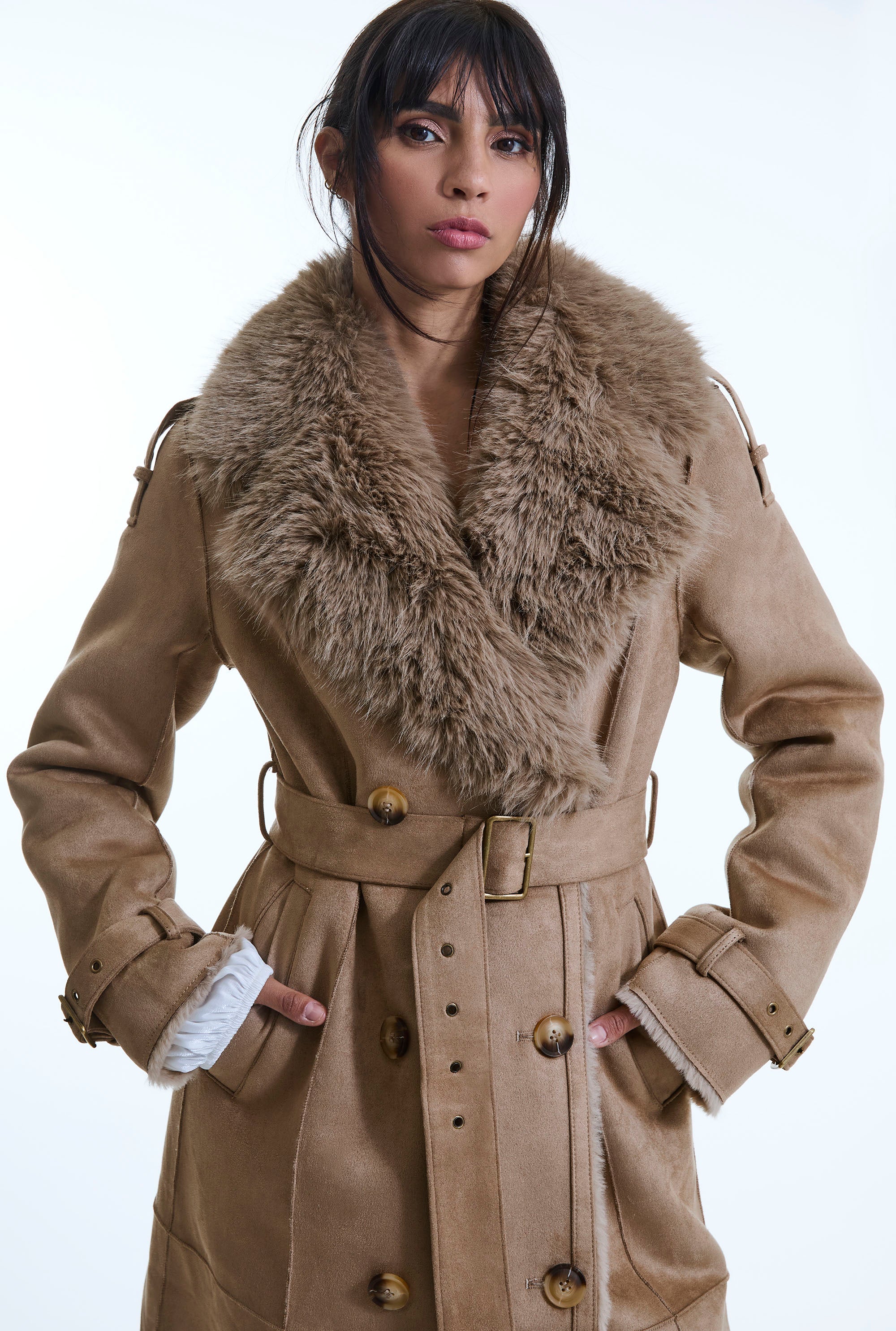 Taupe Faux Fur Military Suede Coat