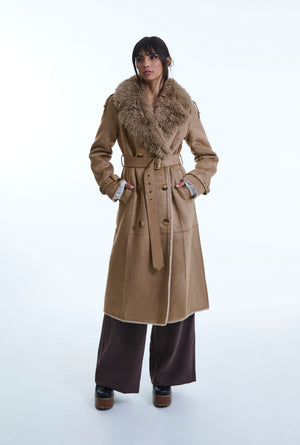 Taupe Faux Fur Military Suede Coat