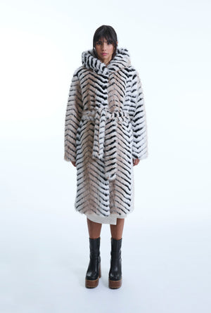 Faux Fox Belted Long Coat