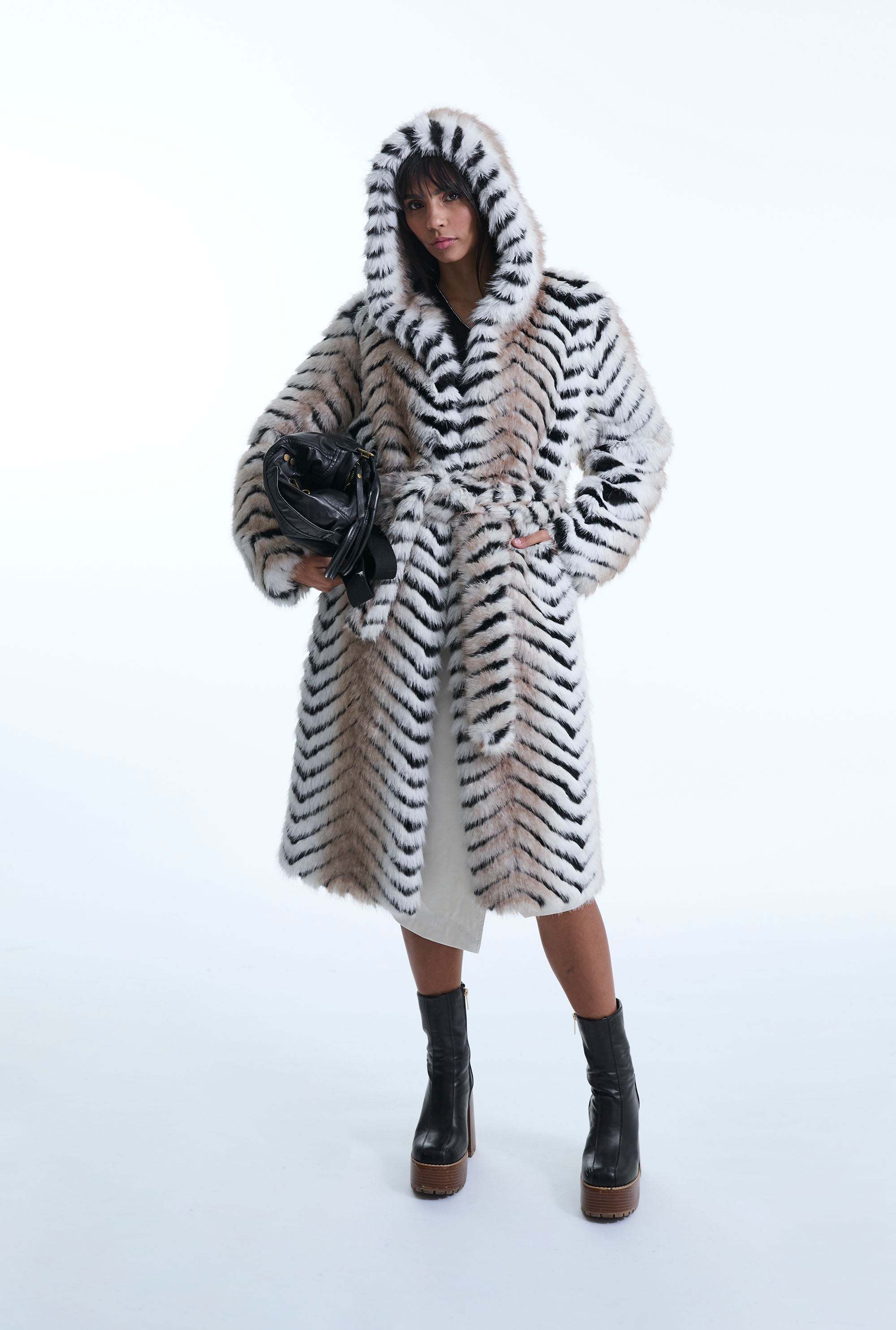 Faux Fox Belted Long Coat