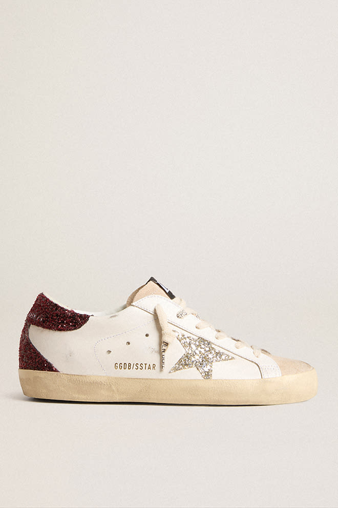 Golden Goose Super Star Sneaker White Leather With Bordeaux Glitter Trims
