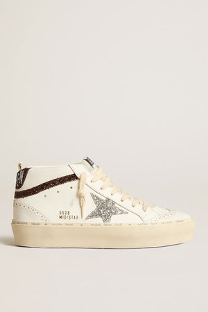 White Leather Platform Mid Star Sneaker With Glitter Trims