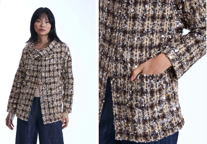 Collar Italian Tweed Sequin Beige Jacket