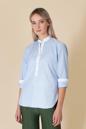 Matilde blue fil a fil pullover shirt with white trim