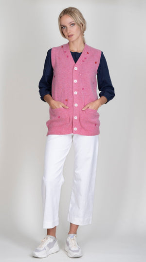 Pink lambswool beaded sleeveless cardigan