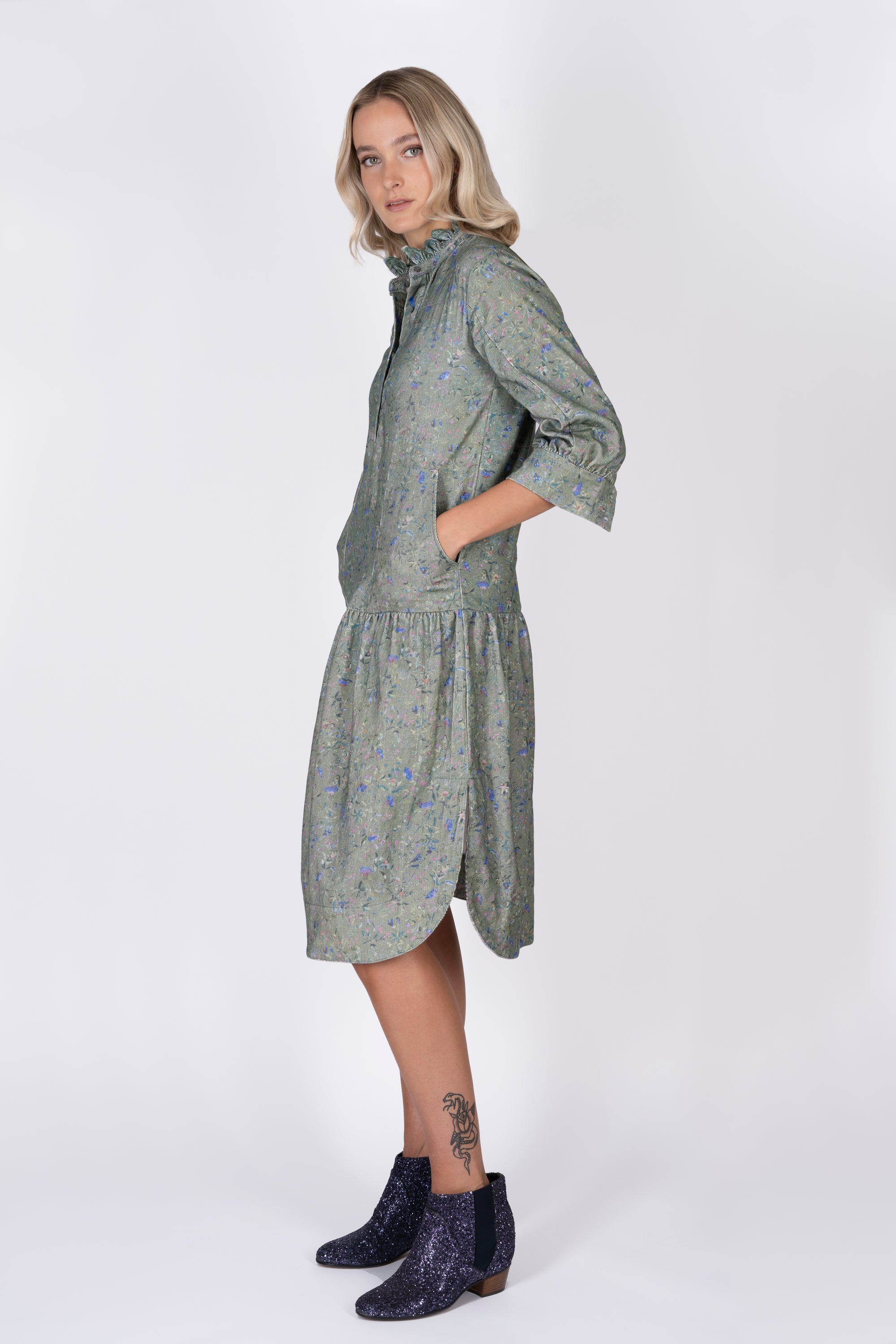 Brannical green print pincord Della dress