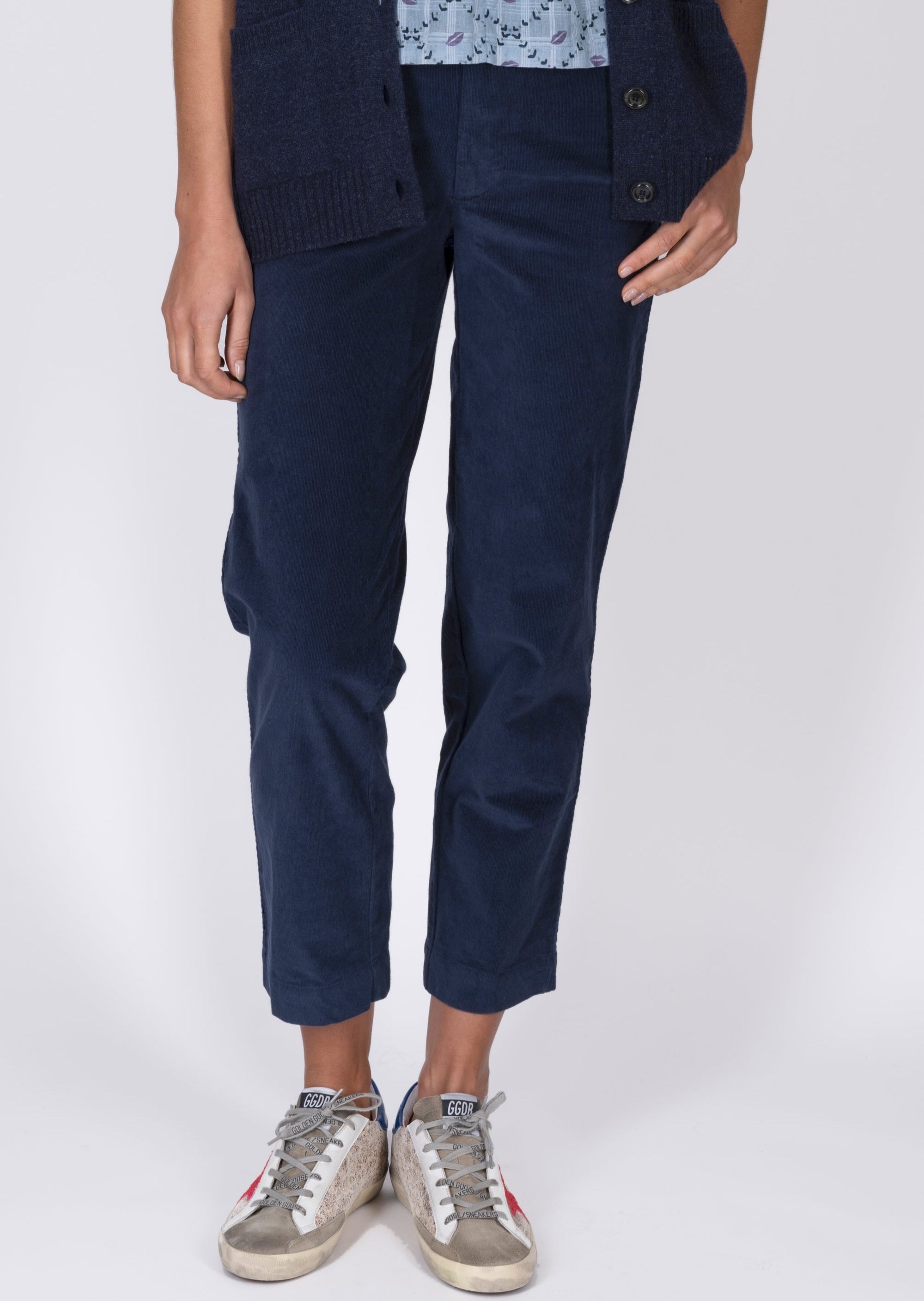 Chino-style stretch fine-cord navy-blue trouser