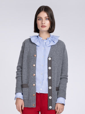 British lambswood cardigan with grey ribbon and silver snaps