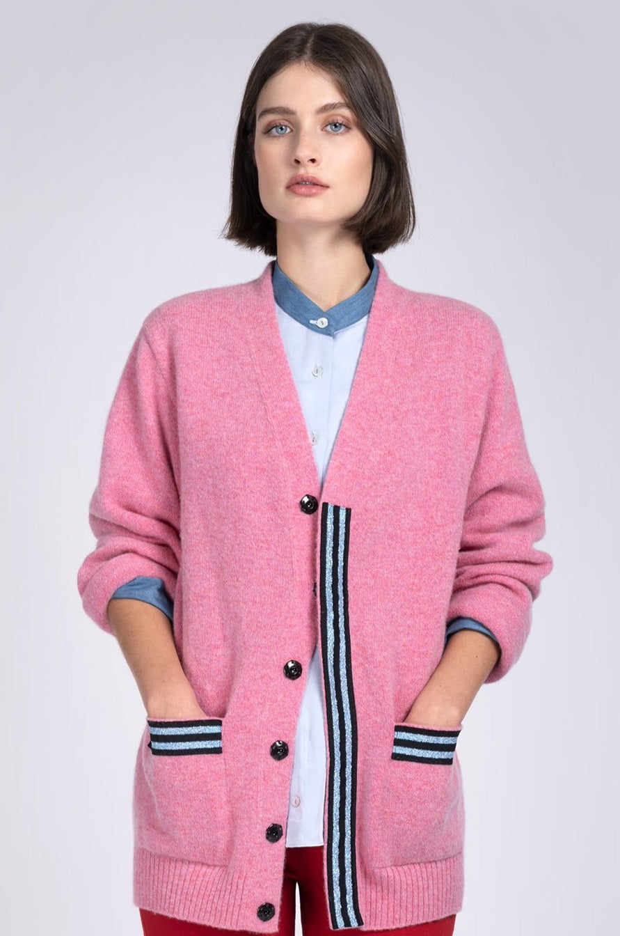 Lurex-stripe pink lambswool cardigan