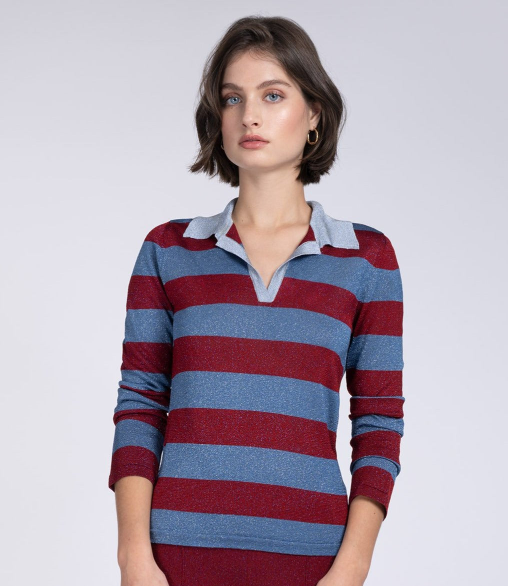 Lurex red & blue rugby knit top