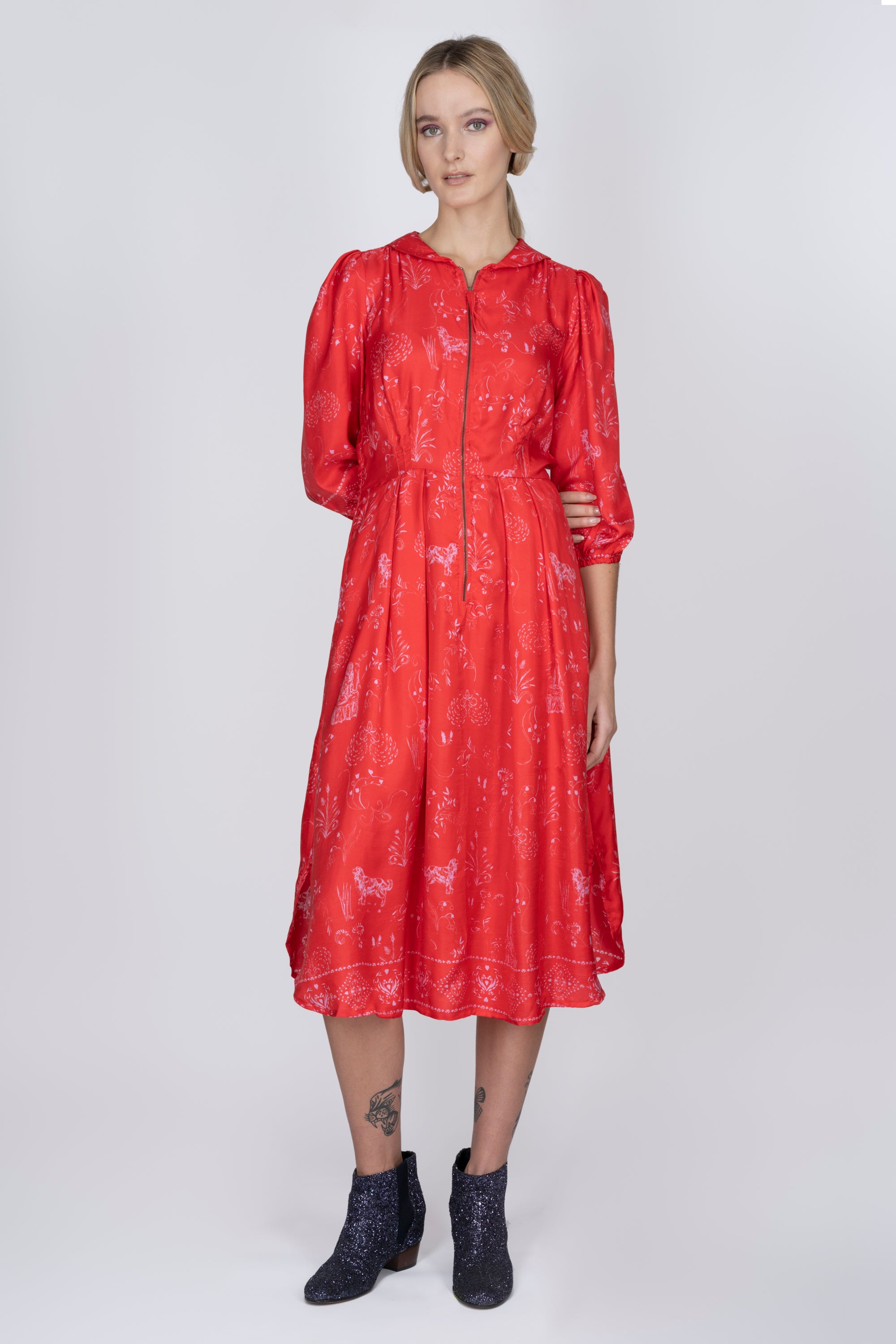 Silk Sonnet Dress in Red Joy Print