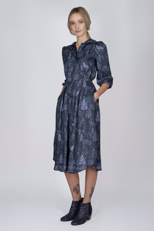 Silk Sonnet Dress in Navy Joy Print