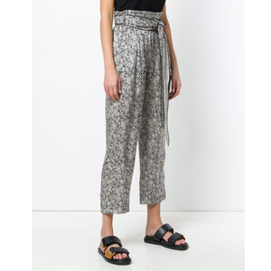 Masscob Floral Print Silk Trousers with Belt in Silver, White and Navy