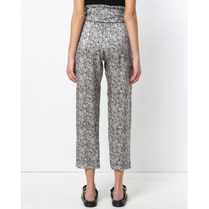 Masscob Floral Print Silk Trousers with Belt in Silver, White and Navy